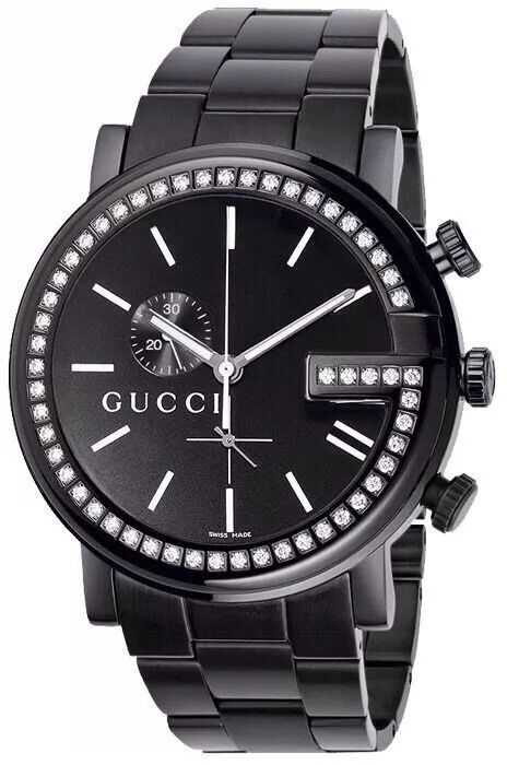 Gucci G-Chrono XL black dial chronograph watch with diamond bezel and black stainless steel bracelet