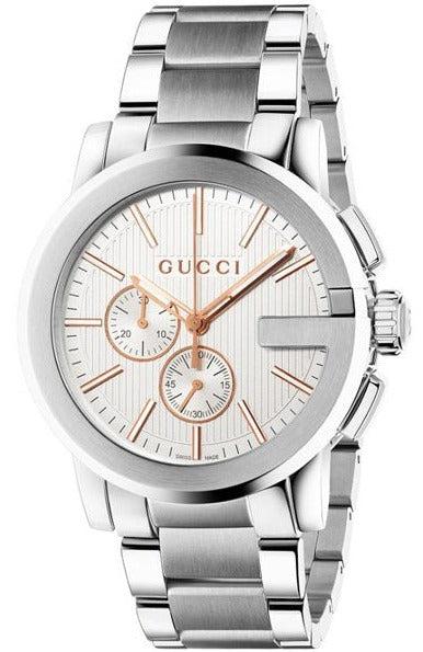 Gucci G-Chrono chronograph watch with silver dial, rose gold hands, and stainless steel bracelet