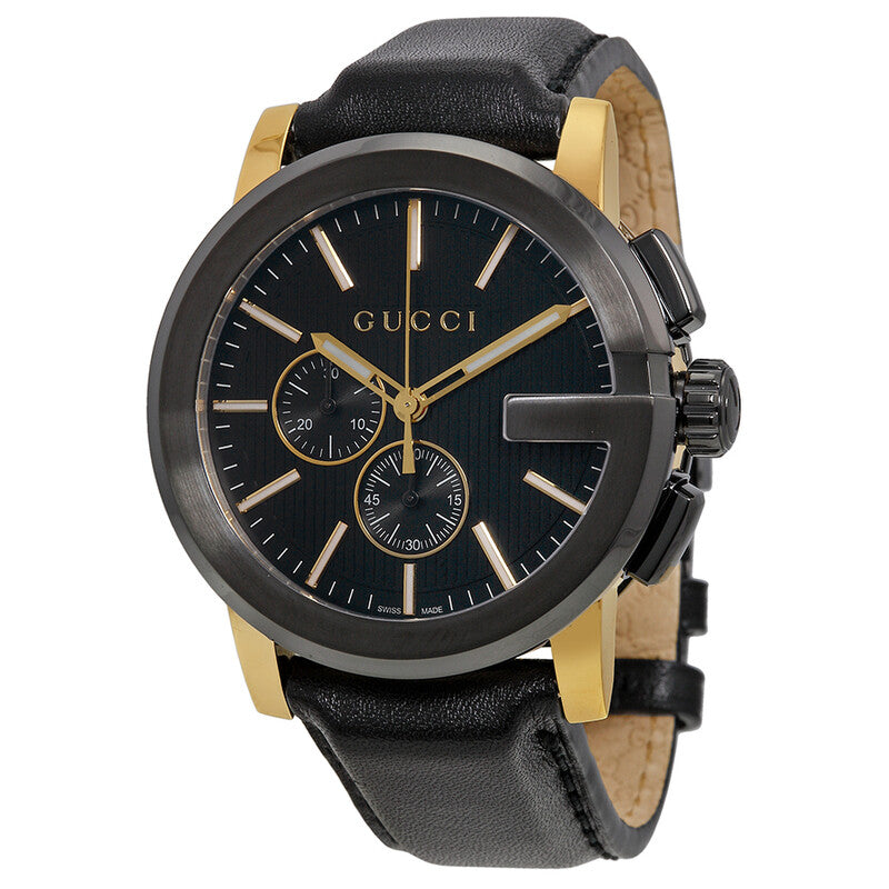 Gucci G-Chrono XL men's watch with black dial, gold hands and indexes, black leather strap
