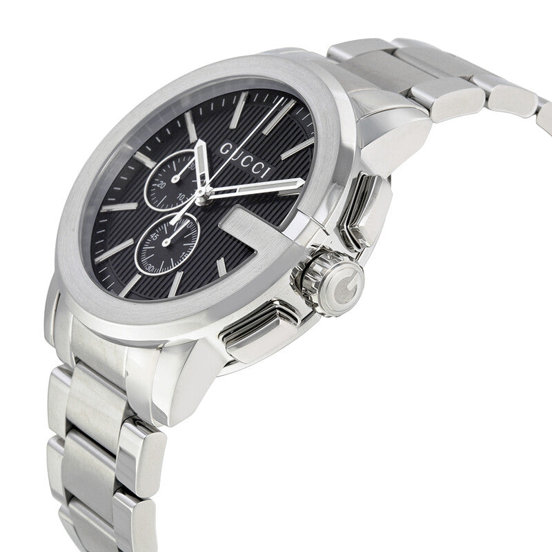 Gucci G-Chrono watch at angle showing black dial and stainless steel case side view