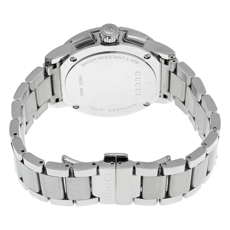 Gucci G-Chrono watch caseback showing stainless steel back with engraved text