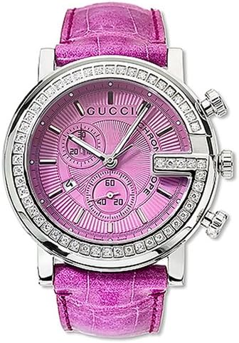 Gucci G-Chrono 44mm diamond chronograph ladies watch with purple dial and pink leather strap