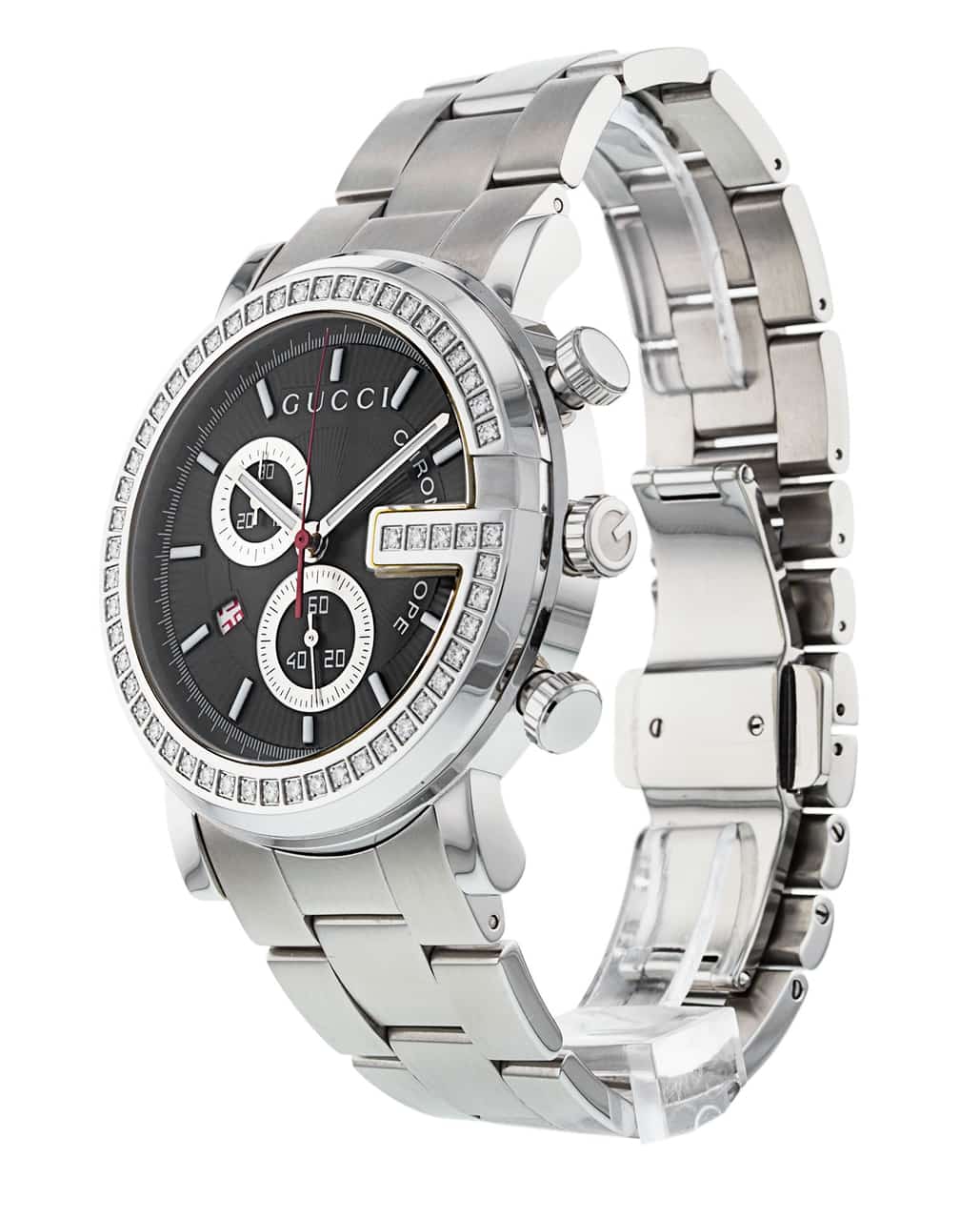 Gucci G Chrono watch displayed at angle showing black dial and silver steel strap