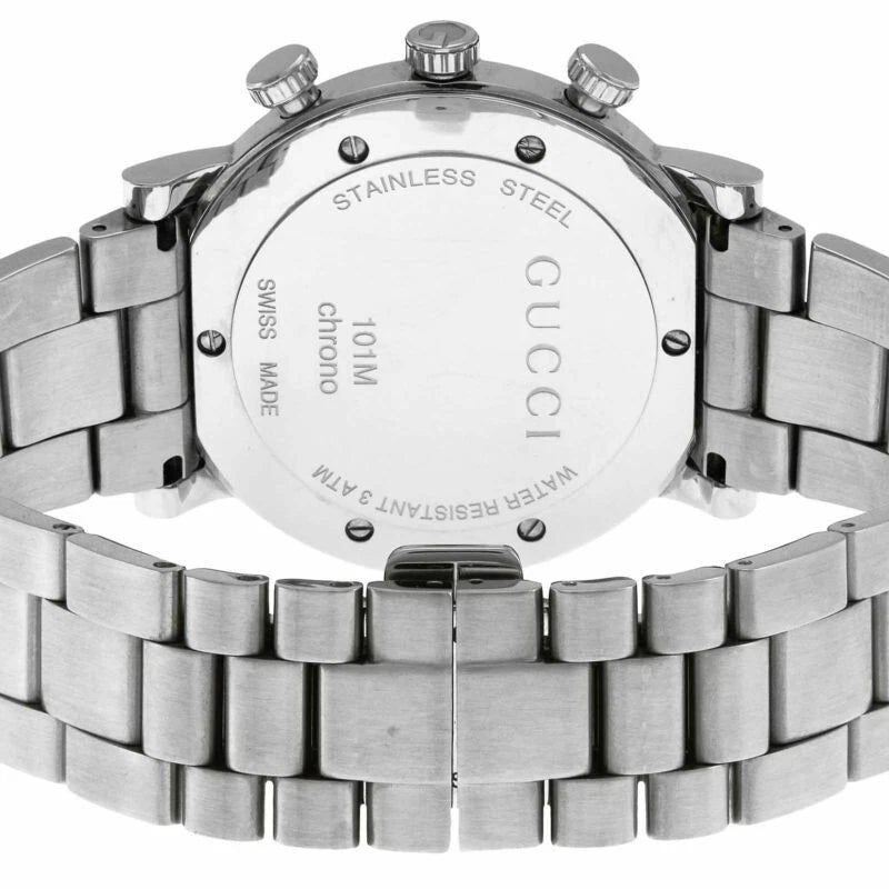 Gucci G Chrono caseback showing stainless steel construction and chronograph movement