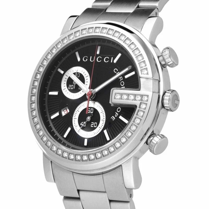 Gucci G Chrono dial detail with chronograph subdials and diamond-set bezel closeup