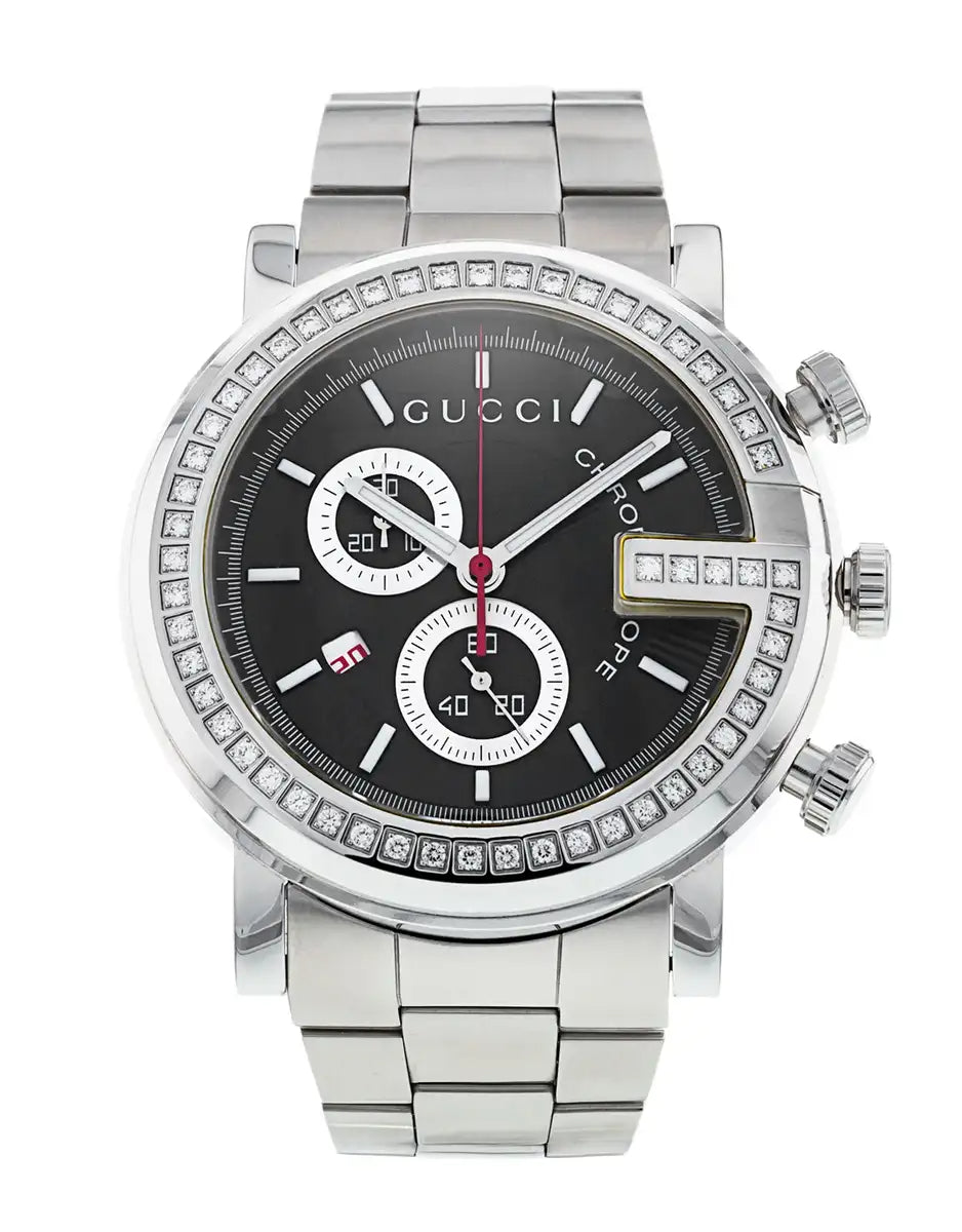 Gucci G Chrono chronograph watch with black dial, diamond bezel, and silver steel bracelet