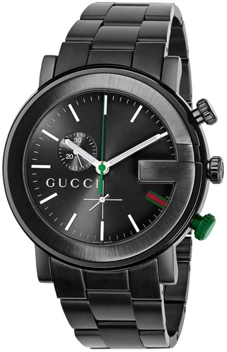 Gucci G-Chrono YA101331 black chronograph watch at angle showing dial and steel link bracelet