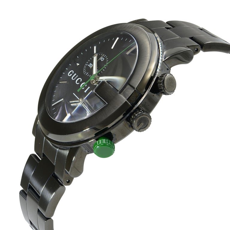 Gucci G-Chrono YA101331 black chronograph watch profile view with green chronograph pushers