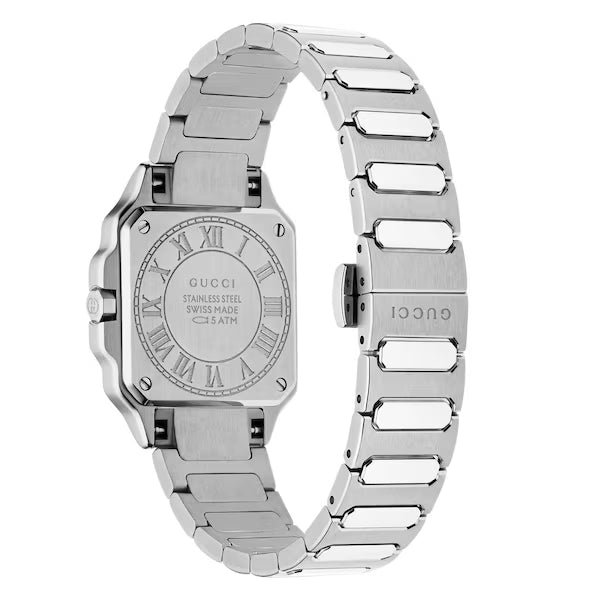 Gucci G-Flat watch three-quarter view showing stainless steel case and bracelet