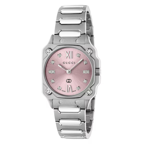 Gucci G-Flat women's watch with pink diamond dial and stainless steel bracelet