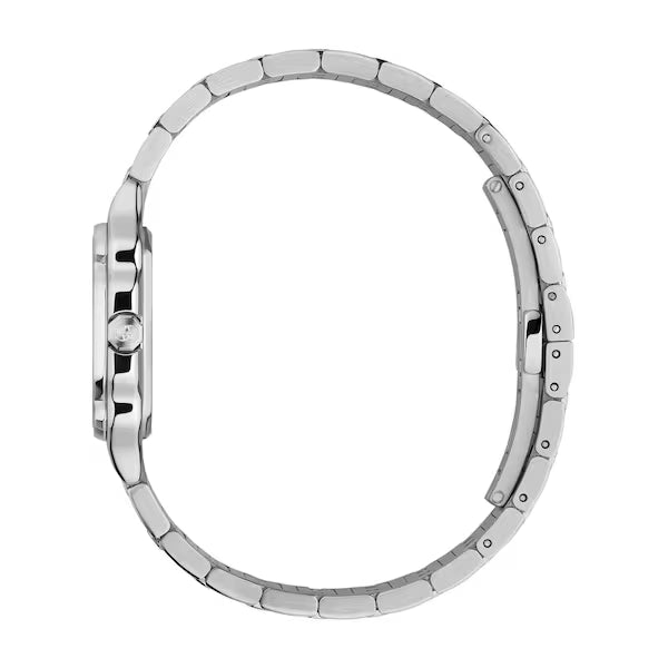 Gucci G-Flat women's watch side profile with stainless steel bracelet