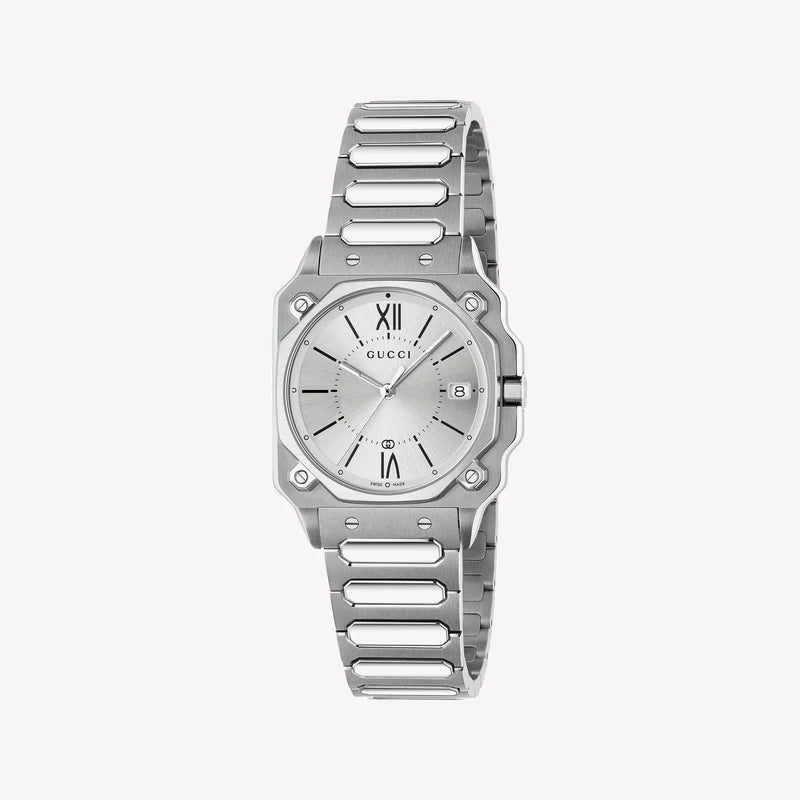 Gucci G-Flat stainless steel women's watch with silver dial and Roman numeral markers