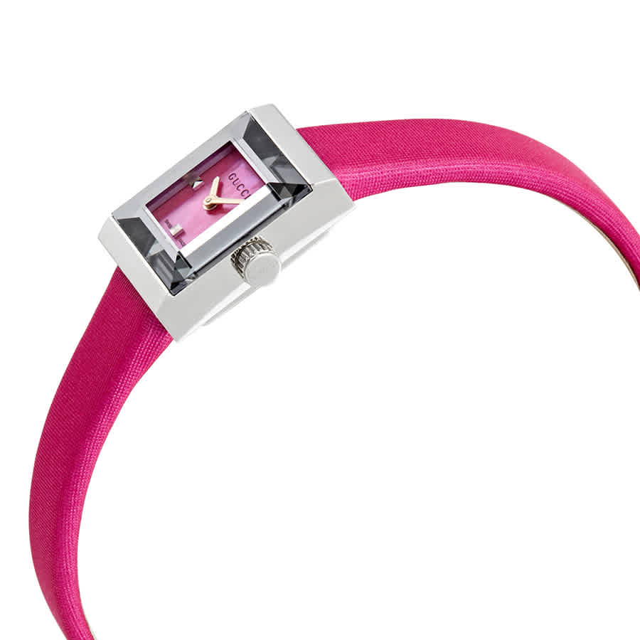 Gucci G-Frame 128 watch angled view showing pink textile strap and square case