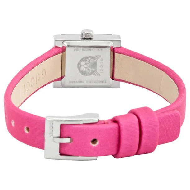 Gucci G-Frame 128 watch caseback showing pink strap and stainless steel buckle