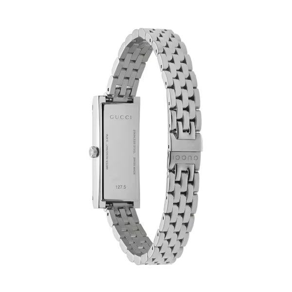Gucci G-Frame watch displayed at an angle showing stainless steel case and linked metal bracelet