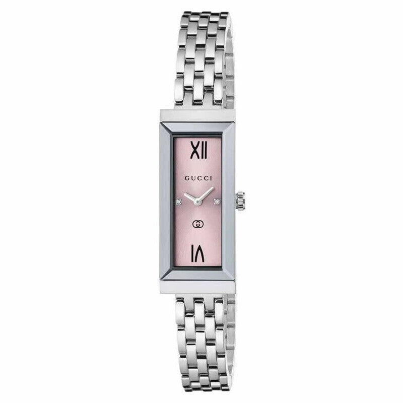 Gucci G-Frame rectangular stainless steel watch with pink dial, roman numerals, and stainless steel bracelet