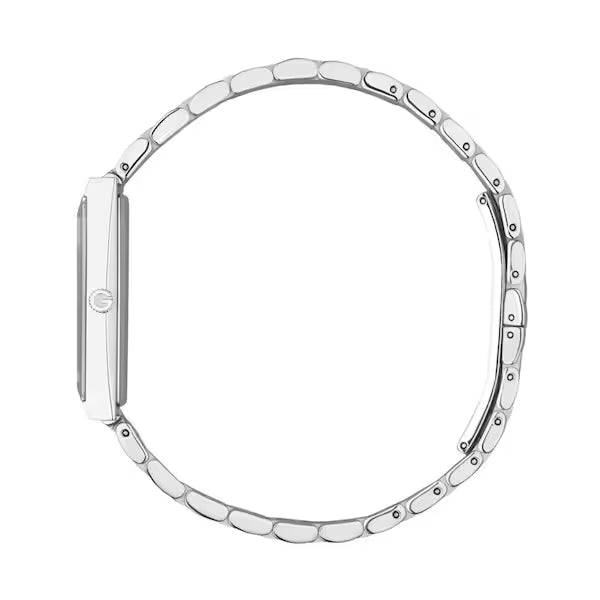 Gucci G-Frame watch viewed from the side showing the slim rectangular case profile and bracelet links