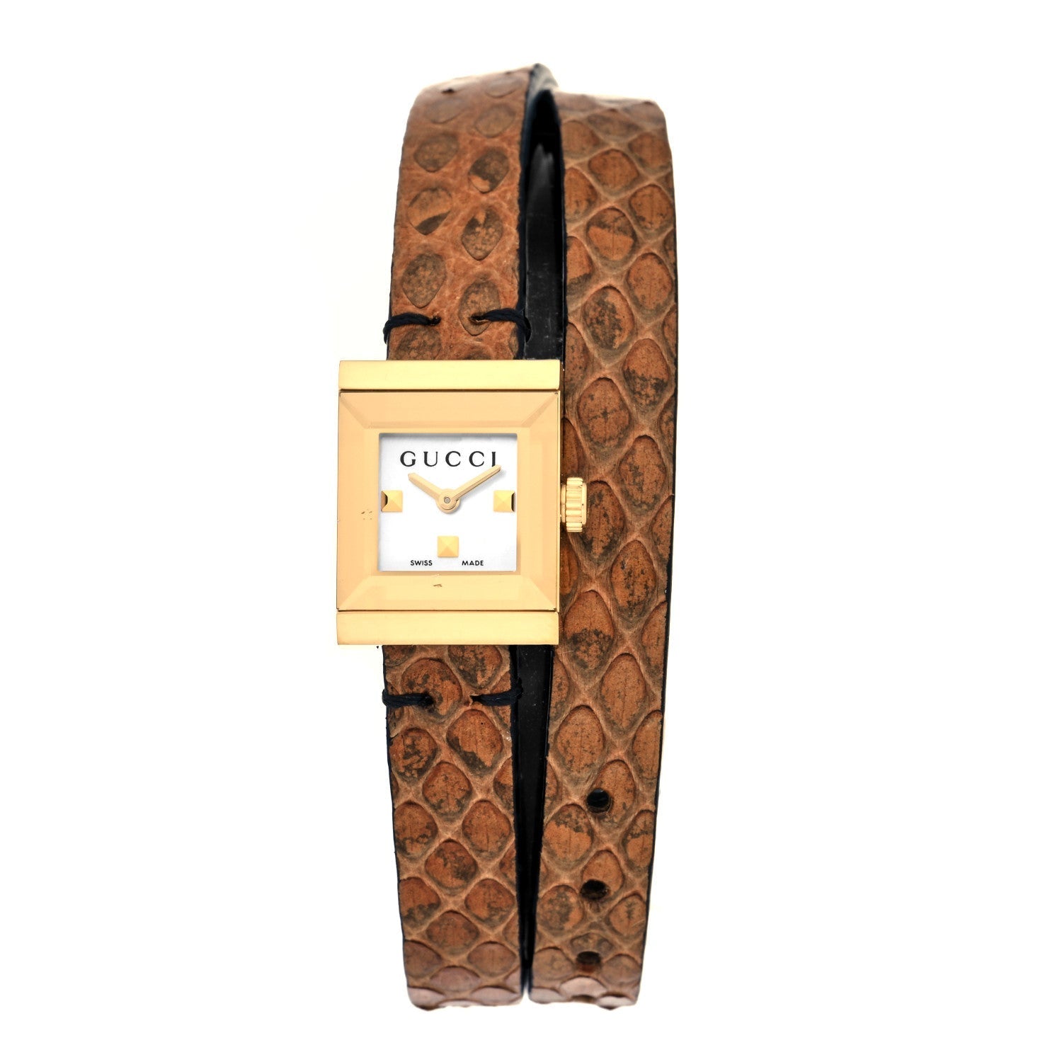 Gucci G-Frame women's watch with cream dial, gold case, and wrapped brown leather strap