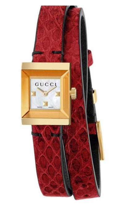Gucci G-Frame women's watch with gold case and red leather strap