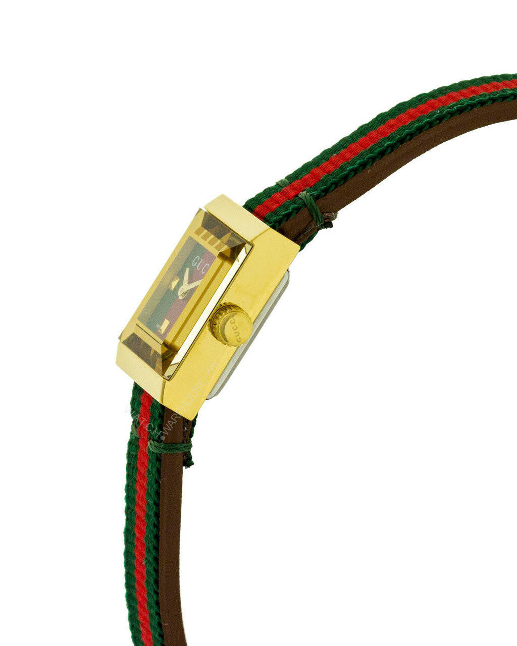 Side angle view of Gucci G-Frame watch showing gold case and red-green striped canvas strap