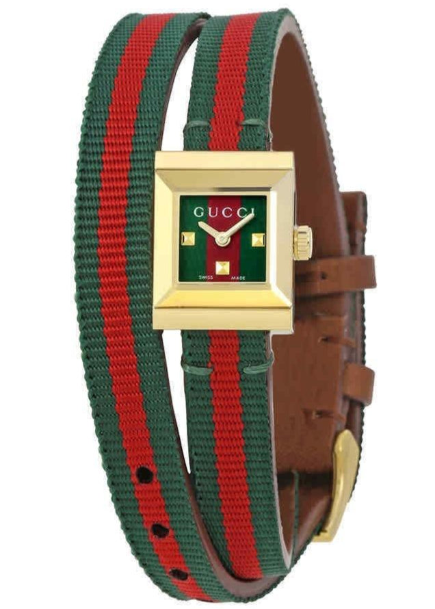 Gucci G-Frame women's watch with gold rectangular case, red and green dial, and red-green striped canvas strap