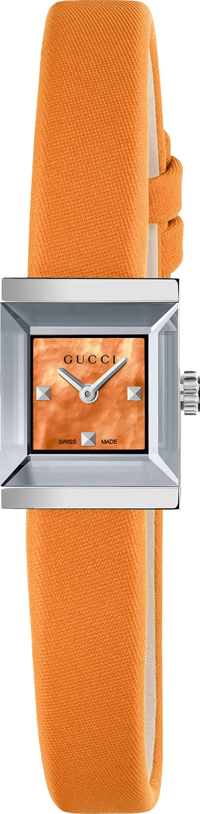 Gucci G-Frame women's watch with mandarin orange leather strap and square dial