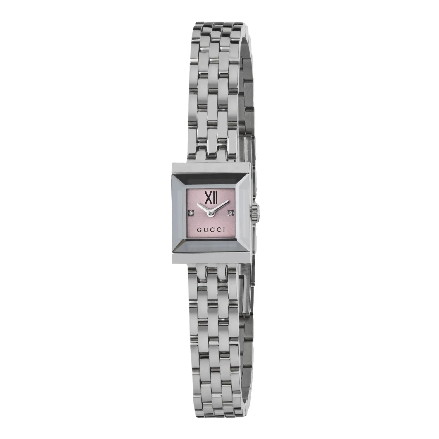Gucci G-Frame quartz watch with pink dial and rectangular stainless steel case