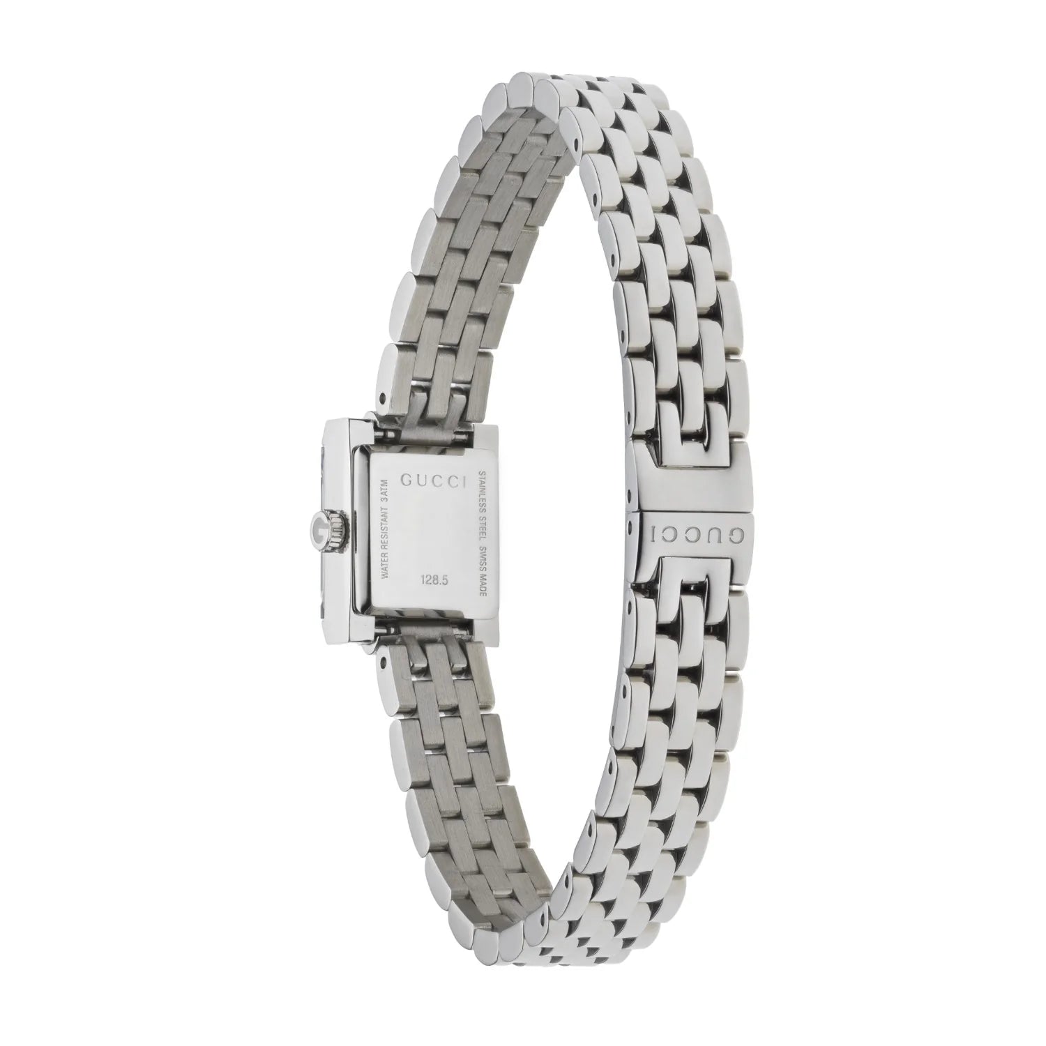 Gucci G-Frame ladies watch with stainless steel bracelet strap, side view