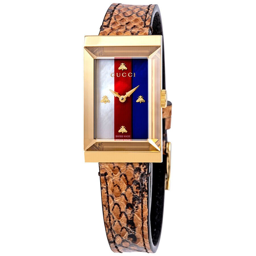 Gucci G-Frame watch with mother of pearl dial, red and blue stripe, gold case, brown snakeskin strap