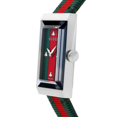 Side angle view of Gucci G-Frame watch showing nylon strap and polished case