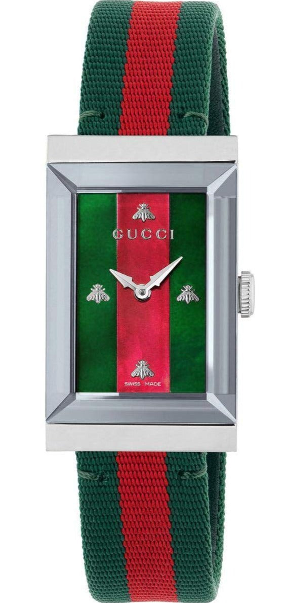 Gucci G-Frame watch with mother of pearl dial and green-red-green nylon strap