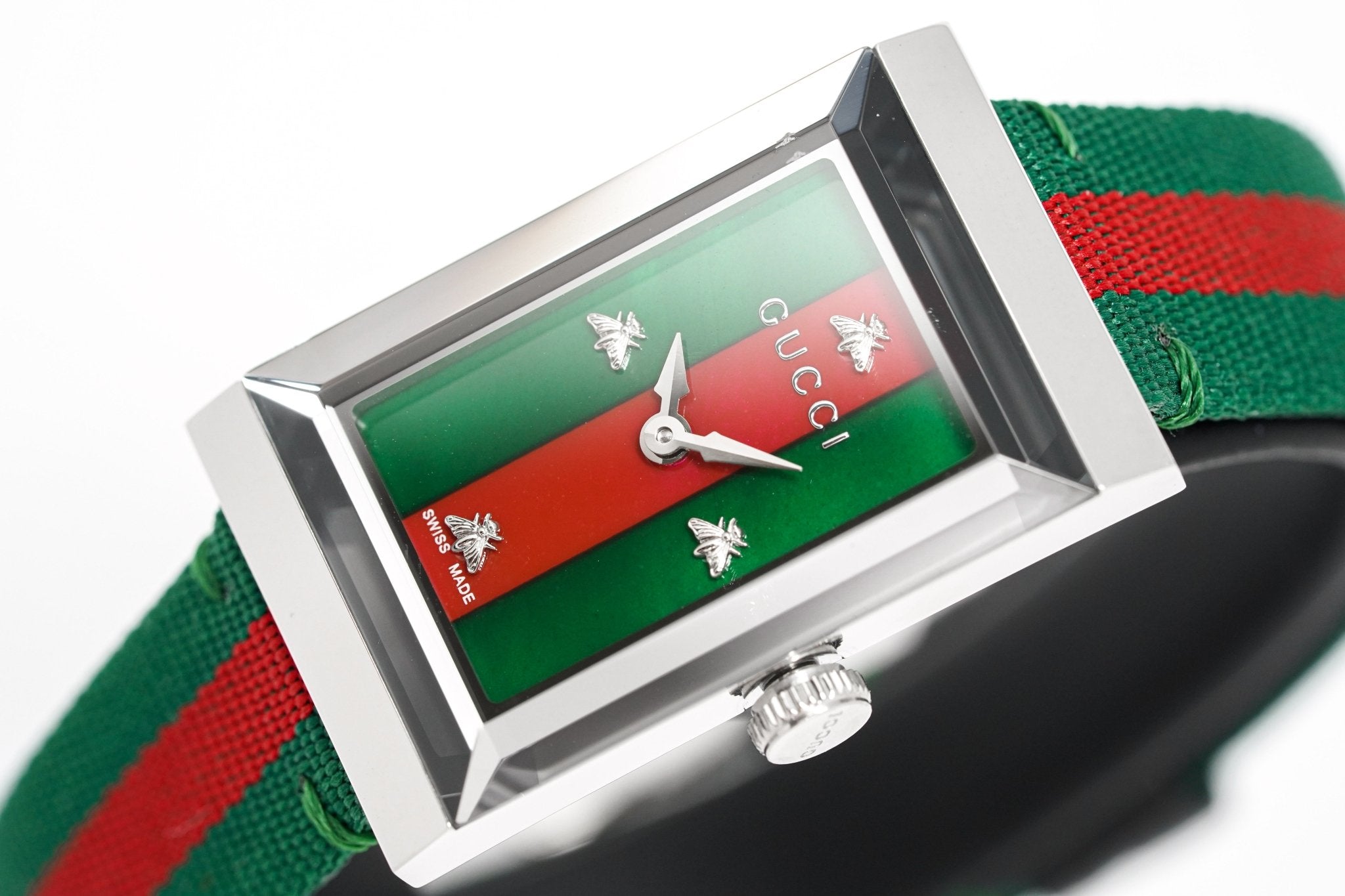 Gucci G-Frame watch on wrist showing mother of pearl dial detail
