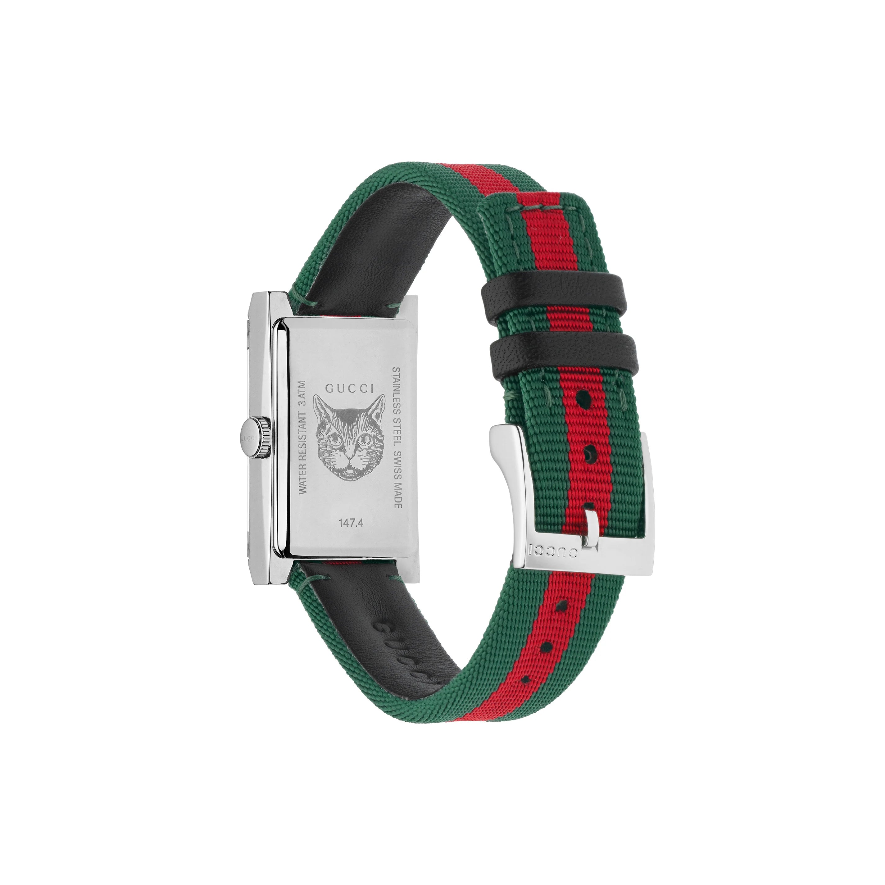 Gucci G-Frame watch strap showing green and red nylon web with Gucci branding