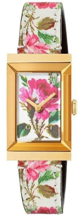 Gucci G-Frame ladies watch with gold rectangular case, floral pink and white dial, and matching floral strap