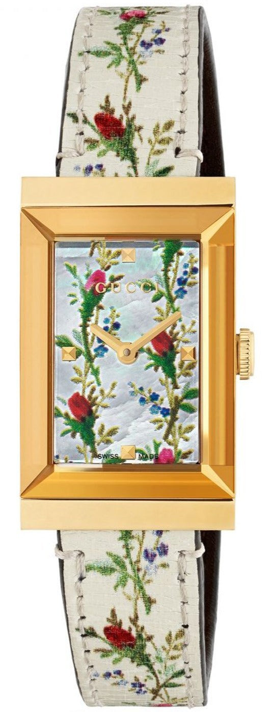 Gucci G-Frame watch with rectangular gold case, floral mother of pearl dial, and white leather strap