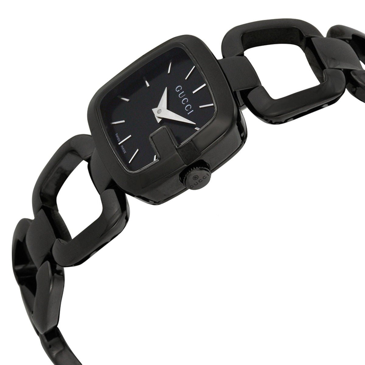 Gucci G-Gucci watch angled view showing square black case and chain-link bracelet detail