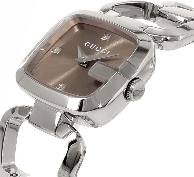 Gucci G-Gucci watch angled view showing brown dial and steel case