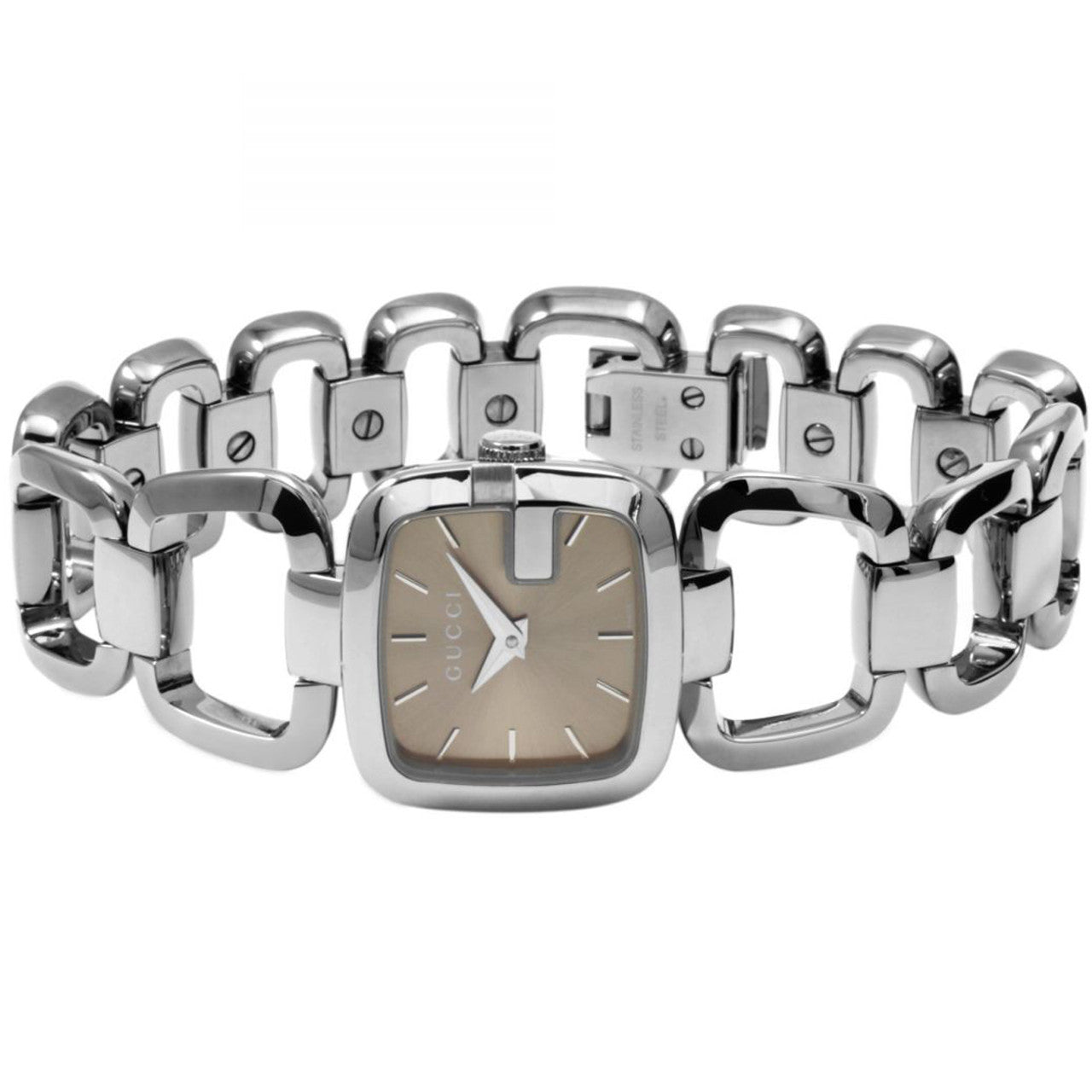 Gucci G-Gucci YA125507 steel bracelet with square brown dial watch displayed from angle