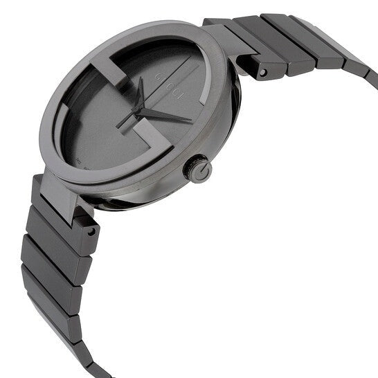 Side angle view of Gucci G Interlocking watch showing grey steel case and grey steel strap