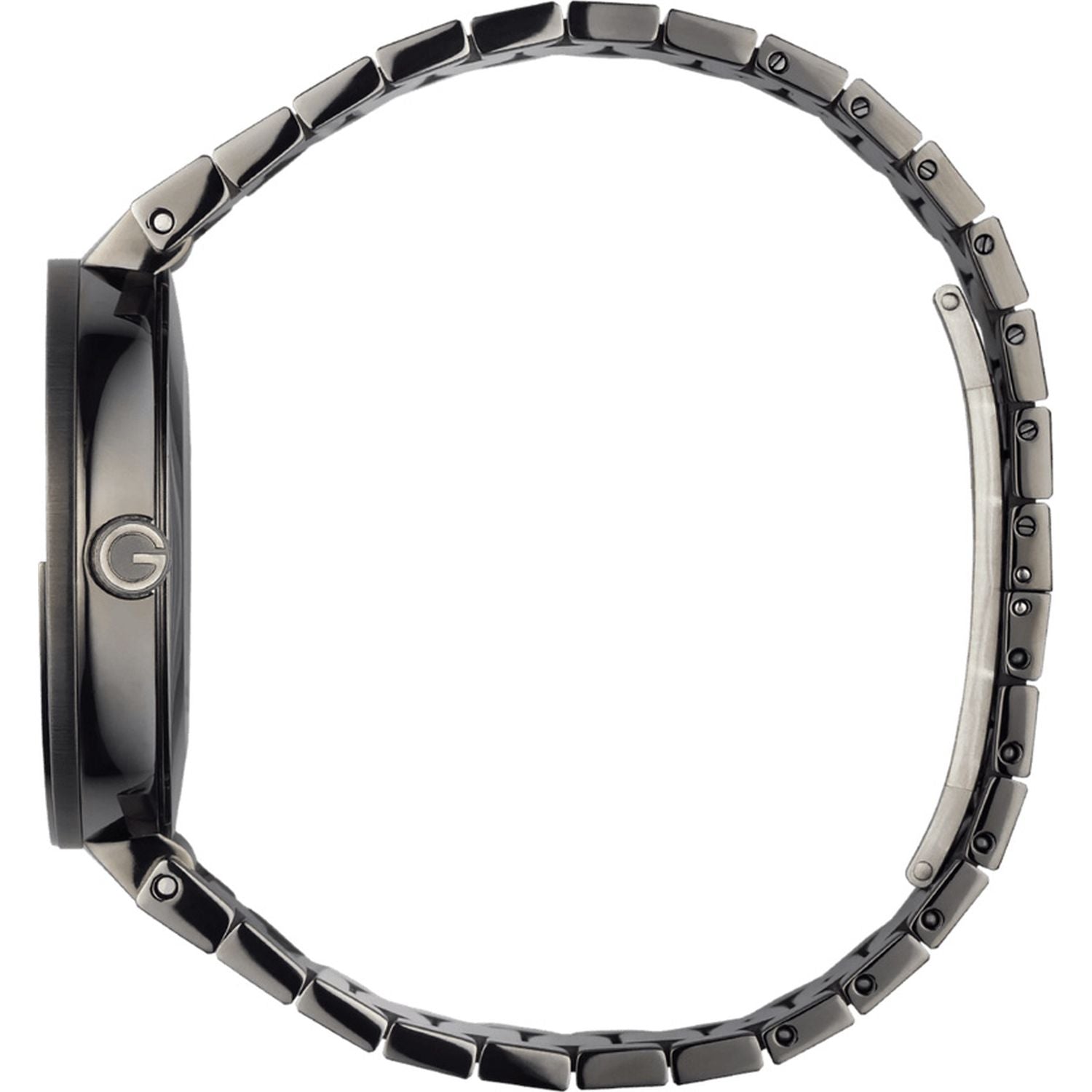 Side profile of Gucci G Interlocking watch with interlocking G logo visible on grey steel case