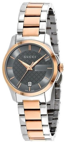 Gucci G-Timeless 27mm watch with two-tone steel and rose gold bracelet, charcoal dial
