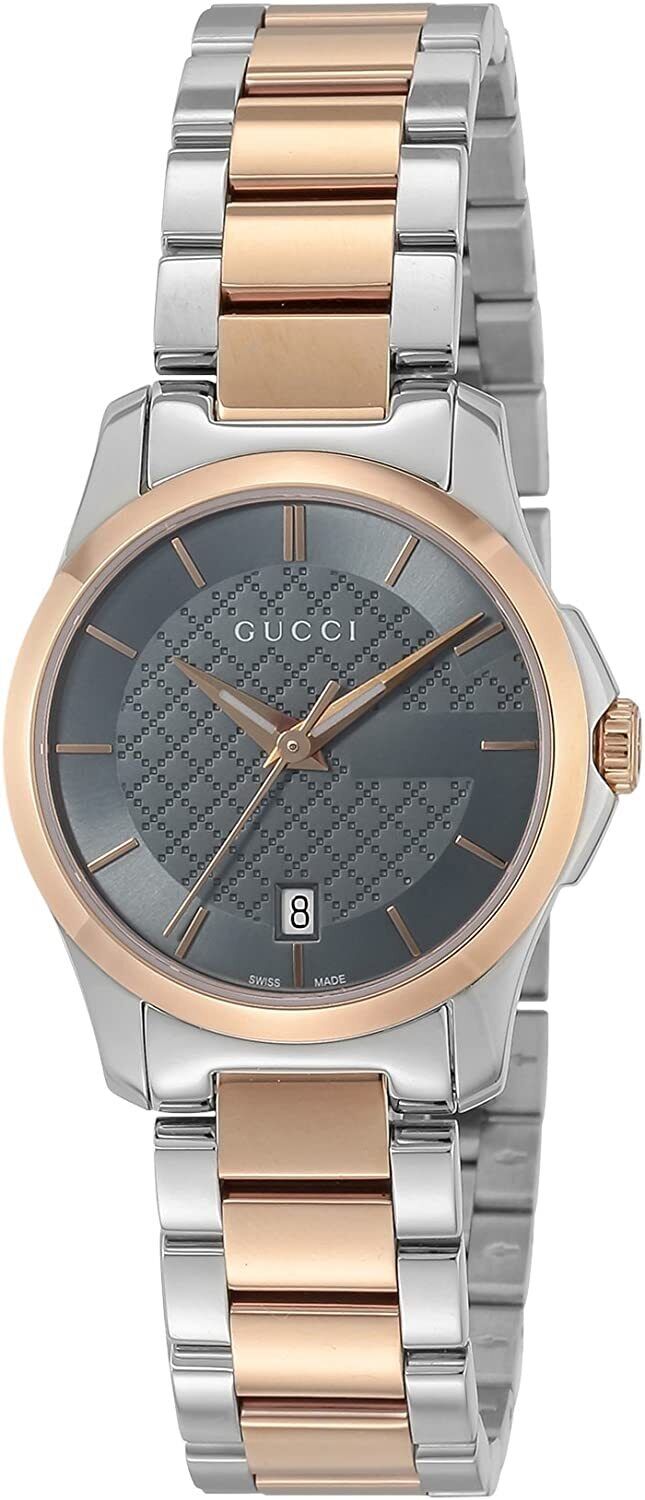 Gucci G-Timeless 27mm watch front view with steel and rose gold two-tone design