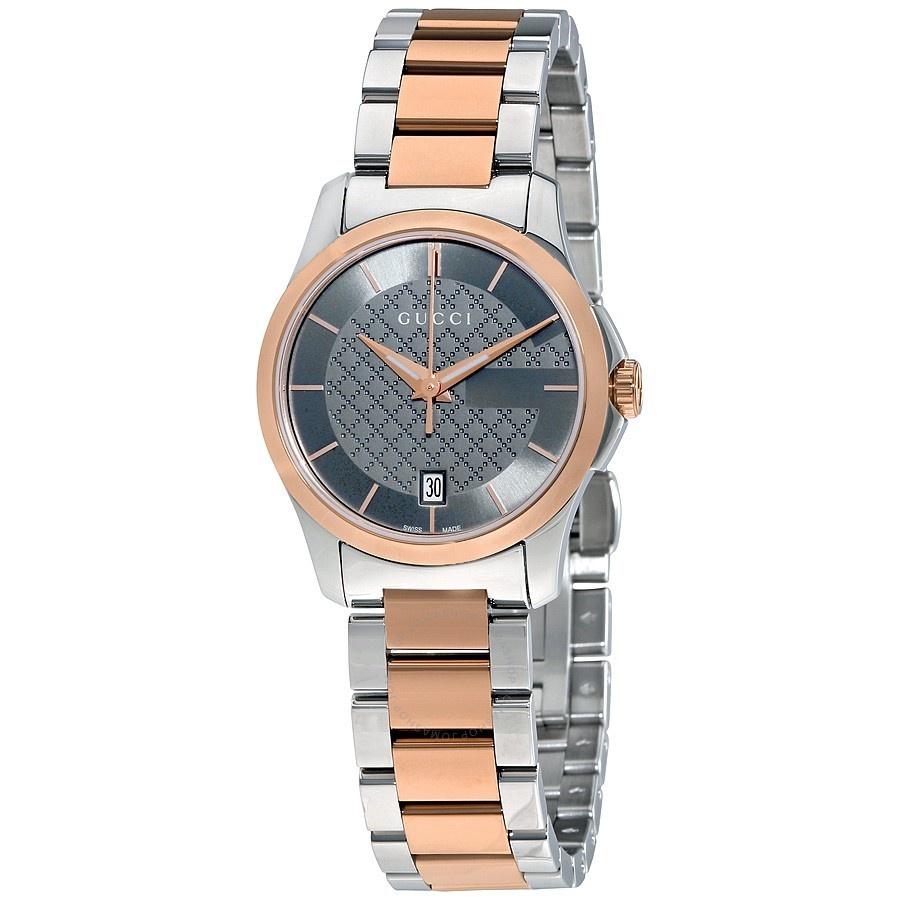 Gucci G-Timeless 27mm watch front with charcoal dial and rose gold bezel