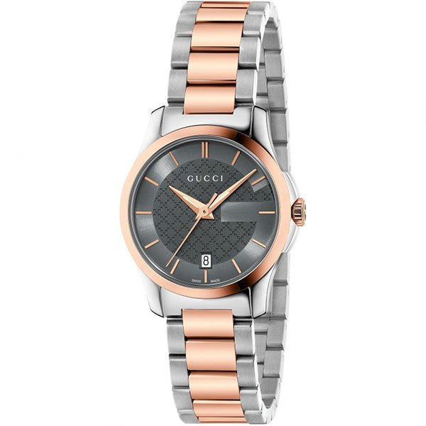 Gucci G-Timeless 27mm watch frontal view with two-tone bracelet and date window