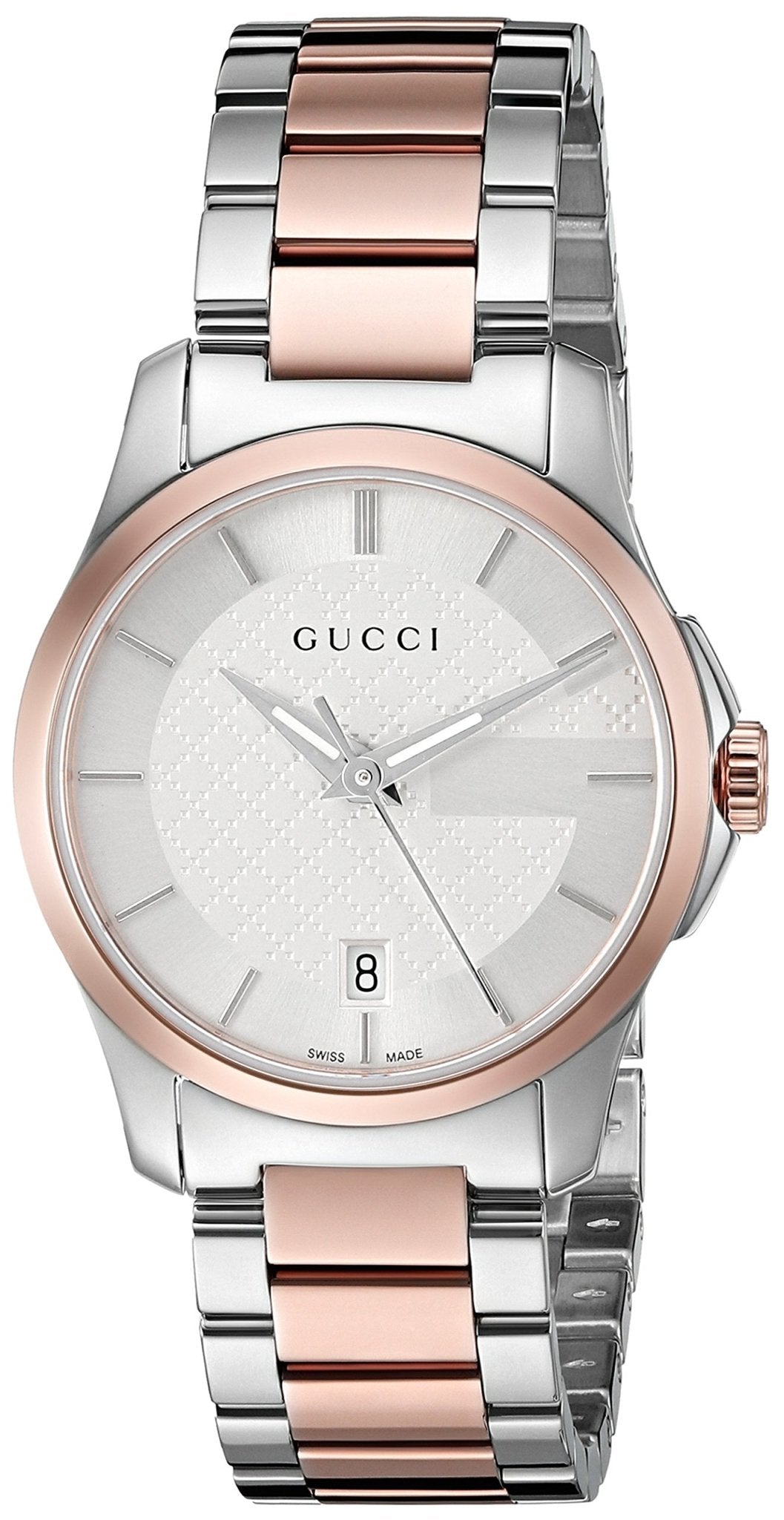 Gucci G-Timeless 27mm watch with silver dial and two-tone rose gold stainless steel bracelet