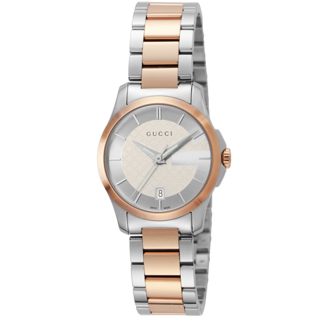 Gucci G-Timeless 27mm watch angled view showing dial and mixed metal bracelet