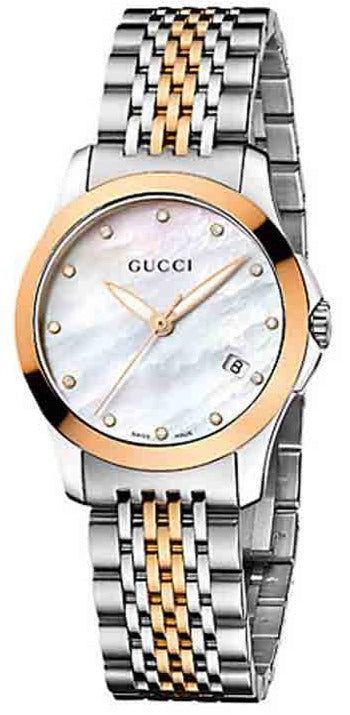 GUCCI G-Timeless 27MM women's watch with mother-of-pearl dial, diamond hour markers, two-tone steel and gold bracelet