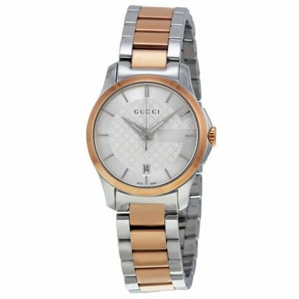 Gucci G-Timeless 27mm watch three-quarter view with GG dial pattern visible