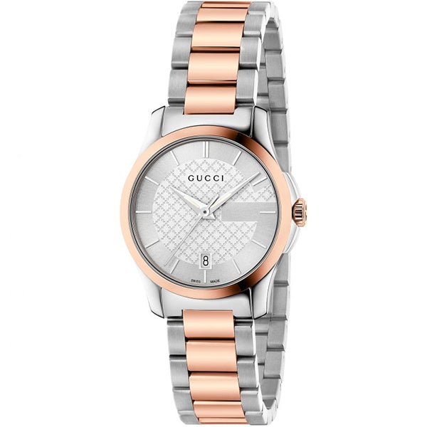 Gucci G-Timeless 27mm watch front view with silver dial and date window