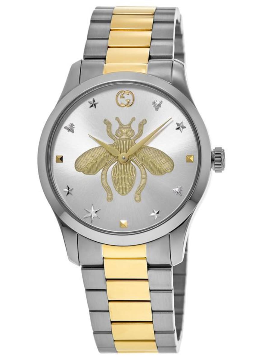 G-Timeless 38mm front view with gold bee, Gucci logo, and mixed metal band